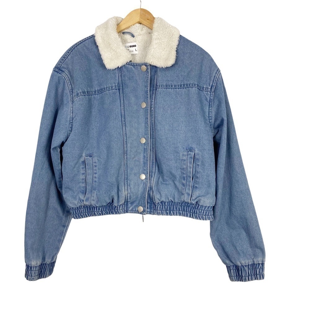 Ci Sono Denim Faux Fur Collar Cropped Jacket